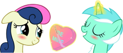Size: 12000x5213 | Tagged: safe, artist:artpwny, character:bon bon, character:lyra heartstrings, character:sweetie drops, ship:lyrabon, episode:hearts and hooves day, g4, my little pony: friendship is magic, absurd resolution, blushing, female, lesbian, shipping, simple background, transparent background, valentine, valentine's day, vector