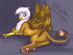 Size: 800x607 | Tagged: safe, artist:donenaya, character:gilda, species:griffon, claws, female, long nails, looking at you, paws, prone, solo, spread wings, wings
