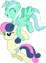 Size: 4000x5505 | Tagged: safe, artist:artpwny, character:bon bon, character:lyra heartstrings, character:sweetie drops, species:alicorn, species:earth pony, species:pony, absurd resolution, alicornified, bon bon is not amused, carrying, duo, eyes closed, flying, frown, happy, lyracorn, race swap, simple background, smiling, transparent background, unamused, vector
