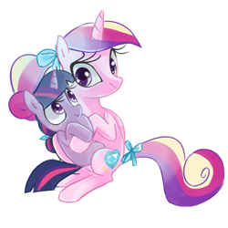 Size: 1300x1300 | Tagged: safe, artist:kaji-tanii, character:princess cadance, character:twilight sparkle, species:pony, :>, bow, cute, filly, holding a pony, hug, ponytail, smiling, tail bow, tail wrap