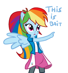 Size: 718x775 | Tagged: safe, artist:smile, character:rainbow dash, equestria girls:equestria girls, g4, my little pony: equestria girls, my little pony:equestria girls, bait, check em, clothing, equestria girls prototype, female, image macro, ponied up, simple background, skirt, solo, this is bait, white background