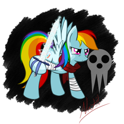 Size: 1600x1600 | Tagged: safe, artist:natsu714, character:rainbow dash, species:pegasus, species:pony, bandage, cosplay, female, solo, soul eater, sword, weapon