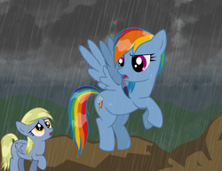 Size: 2200x1700 | Tagged: safe, artist:natsu714, character:derpy hooves, character:rainbow dash, species:pegasus, species:pony, female, mare, rain, wet mane