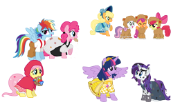 Size: 2685x1591 | Tagged: dead source, safe, artist:schnuffitrunks, character:apple bloom, character:applejack, character:fluttershy, character:pinkie pie, character:rainbow dash, character:rarity, character:scootaloo, character:sweetie belle, character:twilight sparkle, character:twilight sparkle (alicorn), species:alicorn, species:pony, crossover, cutie mark crusaders, fairy tale, gold, goldilocks and the three bears, hansel and gretel, little red riding hood, mother hulda, pitch