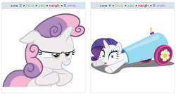 Size: 527x284 | Tagged: safe, artist:the-crusius, character:rarity, character:sweetie belle, exploitable meme, juxtaposition, juxtaposition win, party cannon, pony cannonball, simple background, vector, white background