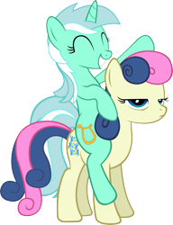 Size: 3830x5000 | Tagged: safe, artist:artpwny, character:bon bon, character:lyra heartstrings, character:sweetie drops, species:earth pony, species:pony, species:unicorn, absurd resolution, bipedal, bon bon is not amused, cute, duo, excited, eyes closed, female, frown, glare, grin, happy, lidded eyes, lyrabetes, mare, ponies riding ponies, raised hoof, riding, simple background, smiling, squee, transparent background, unamused, vector