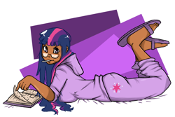 Size: 990x660 | Tagged: safe, artist:slipe, character:twilight sparkle, book, boots, breasts, clothing, female, glasses, hoodie, humanized, lollipop, pants, sandals