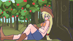 Size: 860x480 | Tagged: safe, artist:slipe, character:applejack, female, front knot midriff, humanized, looking at you, midriff, orchard, resting, solo, tree