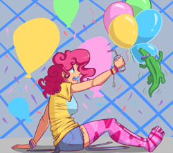 Size: 960x854 | Tagged: safe, artist:slipe, character:gummy, character:pinkie pie, balloon, cup, drink, humanized, kneesocks