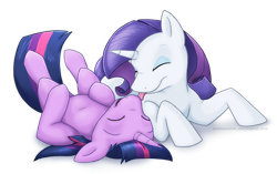 Size: 942x591 | Tagged: safe, artist:arcticwaters, character:rarity, character:twilight sparkle, character:twilight sparkle (unicorn), species:pony, species:unicorn, ship:rarilight, female, lesbian, mare, shipping