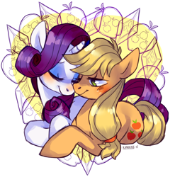 Size: 900x911 | Tagged: safe, artist:kunaike, character:applejack, character:rarity, species:earth pony, species:pony, species:unicorn, ship:rarijack, blushing, eyes closed, female, freckles, lesbian, mare, one eye closed, shipping, smiling