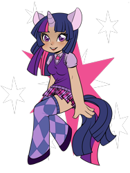 Size: 1200x1600 | Tagged: safe, artist:couratiel, artist:quackingmoron, character:twilight sparkle, clothing, eared humanization, female, horned humanization, humanized, simple background, skirt, solo, stars, sweater vest, tailed humanization