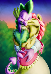 Size: 648x931 | Tagged: safe, artist:rannva, character:apple bloom, character:spike, species:dragon, species:earth pony, species:pony, ship:spikebloom, clothing, dragon on pony action, dress, female, interspecies, male, mommabloom, nuzzling, older, pregnant, shipping, straight, suit
