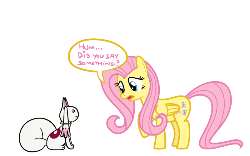 Size: 800x500 | Tagged: safe, artist:smile, character:fluttershy, actor allusion, animated, female, incubator (species), kyubey, puella magi madoka magica, this will end in tears, voice actor joke