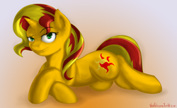 Size: 3353x2057 | Tagged: safe, artist:vivofortissimo, character:sunset shimmer, species:pony, species:unicorn, female, looking at you, lying down, smirk, solo