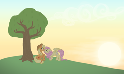 Size: 1000x600 | Tagged: safe, artist:bux, character:applejack, character:fluttershy, species:pony, ship:appleshy, female, kissing, lesbian, mare, shipping, tree