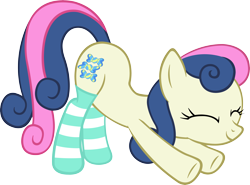 Size: 5000x3703 | Tagged: safe, artist:artpwny, character:bon bon, character:sweetie drops, species:earth pony, species:pony, bon bon is amused, clothing, cutie mark, eyes closed, face down ass up, female, hooves, mare, simple background, smiling, socks, solo, stretching, striped socks, transparent background