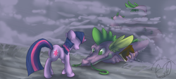 Size: 1920x859 | Tagged: safe, artist:batlover800, character:spike, character:twilight sparkle, adult spike, book, duo, older, water