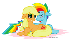 Size: 953x532 | Tagged: safe, artist:claireannecarr, character:applejack, character:rainbow dash, ship:appledash, appleblitz (straight), blushing, female, half r63 shipping, male, pregnant, rainbow blitz, rule 63, shipping, simple background, straight, tongue out