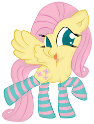 Size: 856x1135 | Tagged: safe, artist:hamatte, character:fluttershy, blep, clothing, female, smiling, socks, solo, striped socks, tongue out