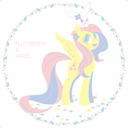 Size: 600x600 | Tagged: safe, artist:yousukou, character:angel bunny, character:fluttershy, species:pegasus, species:pony, female, flat colors, looking at something, looking up, mare, sitting on head, smiling, spread wings, wings