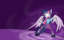 Size: 2530x1600 | Tagged: safe, artist:tixolseyerk, character:twilight sparkle, character:twilight sparkle (alicorn), species:alicorn, species:pony, my little pony:equestria girls, eared humanization, glowing eyes, humanized, magic, magic circle, ponied up, tailed humanization, winged humanization