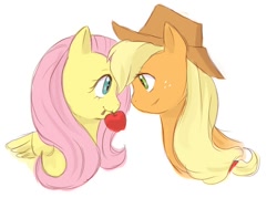 Size: 700x500 | Tagged: safe, artist:yubi, character:applejack, character:fluttershy, ship:appleshy, apple, female, lesbian, mouth hold, sharing, shipping, simple background