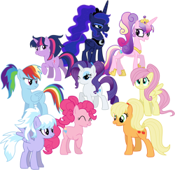 Size: 910x883 | Tagged: safe, artist:schnuffitrunks, character:applejack, character:cloudchaser, character:fluttershy, character:pinkie pie, character:princess cadance, character:princess luna, character:rainbow dash, character:rarity, character:twilight sparkle, species:alicorn, species:earth pony, species:pegasus, species:pony, species:unicorn, alternate hairstyle, eyes closed, eyeshadow, female, makeup, mane six, mare, missing cutie mark, one eye closed, ponytail, raised hoof, simple background, transparent background, vector, visual gag, wink