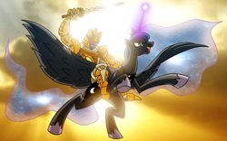 Size: 1920x1200 | Tagged: safe, artist:atomic-chinchilla, character:princess luna, backlighting, beast wars, crossover, dinobot, duo, flying, magic, riding, sword, transformers, weapon