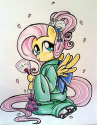 Size: 787x1016 | Tagged: safe, artist:oriwhitedeer, character:fluttershy, alternate hairstyle, cherry blossoms, fan, female, kimono (clothing), solo, traditional art
