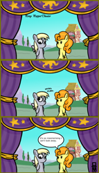 Size: 582x1020 | Tagged: safe, artist:mangameister, character:carrot top, character:derpy hooves, character:golden harvest, species:pegasus, species:pony, comic, female, googly eyes, hand puppet, mare, pony puppet theater, puppet