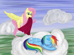 Size: 1024x771 | Tagged: safe, artist:ooklah, character:fluttershy, character:rainbow dash, cloud, cloudy, duo, eyes closed, sleeping