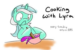 Size: 1031x663 | Tagged: safe, artist:grilledcat, character:lyra heartstrings, species:pony, species:unicorn, :c, bowl, cooking, female, frown, hoof hold, mare, panic, shrunken pupils, solo