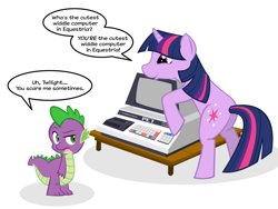 Size: 1600x1200 | Tagged: safe, artist:grilledcat, character:spike, character:twilight sparkle, character:twilight sparkle (unicorn), species:dragon, species:pony, species:unicorn, g4, commodore pet, computer, female, male, mare, photoshop, simple background