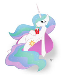 Size: 1200x1500 | Tagged: safe, artist:grilledcat, character:princess celestia, species:alicorn, species:pony, g4, beanbag chair, featureless crotch, female, mare, on back, photoshop, relaxing, simple background, soda, solo