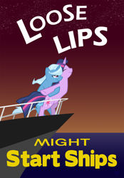 Size: 1172x1682 | Tagged: safe, artist:grilledcat, character:trixie, character:twilight sparkle, character:twilight sparkle (unicorn), species:pony, species:unicorn, ship:twixie, g4, crossover, eyes closed, female, lesbian, loose lips sink ships, mare, parody, photoshop, poster, propaganda, reference, ship, shipping, text, titanic