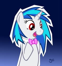 Size: 1121x1184 | Tagged: safe, artist:grilledcat, character:dj pon-3, character:vinyl scratch, species:pony, species:unicorn, bow tie, female, gradient background, mare, photoshop, red eyes, solo