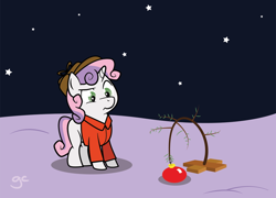 Size: 1000x720 | Tagged: safe, artist:grilledcat, character:sweetie belle, species:pony, species:unicorn, g4, adobe imageready, christmas tree, clothing, female, filly, foal, hat, solo, tree