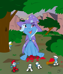 Size: 1213x1425 | Tagged: safe, artist:grilledcat, character:trixie, species:pony, species:unicorn, g4, berry, crossover, female, mare, papa smurf, sitting, smurfette, smurfs, tree, worship