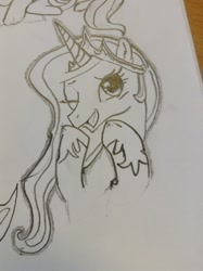 Size: 1936x2592 | Tagged: safe, artist:dassboshit, character:princess celestia, species:alicorn, species:pony, bust, crown, female, hoof shoes, jewelry, mare, monochrome, one eye closed, open mouth, photo, regalia, sketch, smiling, solo, traditional art