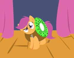 Size: 877x684 | Tagged: safe, artist:rannva, character:scootaloo, costume, giant produce, kiwi fruit, school play, scootaloo can't fly, stage, stealth pun