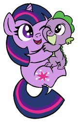 Size: 277x431 | Tagged: safe, artist:darlimondoll, character:spike, character:twilight sparkle, baby, baby dragon, baby spike, cute, filly, filly twilight sparkle, foal, hug, mama twilight, spikelove