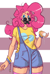 Size: 543x800 | Tagged: safe, artist:slipe, character:pinkie pie, clothing, glasses, humanized, moustache, off shoulder, overalls, pocket watch