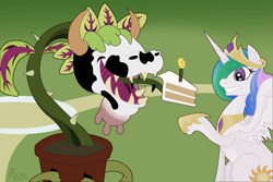 Size: 1125x750 | Tagged: safe, artist:philith, character:princess celestia, species:alicorn, species:pony, cake, cakelestia, carnivorous plant, cowplant, female, food, mare, piranha plant, plant, potted plant, the cake is a lie, the sims, this will end in death, this will end in tears, udder, wat