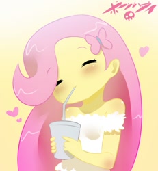 Size: 711x768 | Tagged: safe, artist:born-to-die, character:fluttershy, species:human, breasts, cup, cute, delicious flat chest, drink, drinking, female, flattershy, humanized, pony coloring, shyabetes, smiling, solo, straw, younger