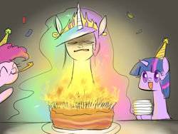 Size: 1000x750 | Tagged: safe, artist:yubi, character:pinkie pie, character:princess celestia, character:twilight sparkle, birthday, birthday cake, cake, excalibur face, food, immortality blues, party