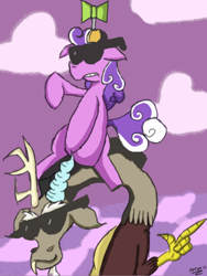 Size: 600x800 | Tagged: safe, artist:putuk, character:discord, character:screwball, species:draconequus, species:earth pony, species:pony, chaos, discorded landscape, female, male, mare, purple sky, sunglasses, swag