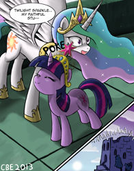 Size: 1000x1276 | Tagged: safe, artist:crimsonbugeye, character:princess celestia, character:twilight sparkle, character:twilight sparkle (unicorn), species:alicorn, species:pony, species:unicorn, episode:friendship is magic, g4, my little pony: friendship is magic, aaaaaaaaaa, big crown thingy, critical hug failure, crown, dialogue, duo, element of magic, eye poke, eye scream, funny, funny as hell, jewelry, ouch, parody, poking, reality ensues, regalia, scene parody, speech bubble, that's gotta hurt, three quarter view