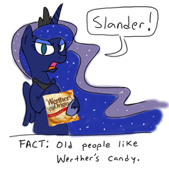 Size: 880x905 | Tagged: safe, artist:grilledcat, character:princess luna, species:alicorn, species:pony, candy, female, luna is not amused, mare, simple background, solo, unamused, werther's original