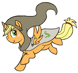 Size: 546x510 | Tagged: safe, artist:darlimondoll, character:applejack, species:alicorn, species:pony, applecorn, cloak, clothing, crossover, female, flying, god tier, god tiers, heir of life, hero of life, homestuck, looking at you, race swap, simple background, smiling, solo, spread wings, wings